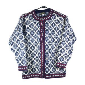 Apleks Women's Sz XS 100% Wool Blue Fair Isle Nordic Design Cardigan Sweater
